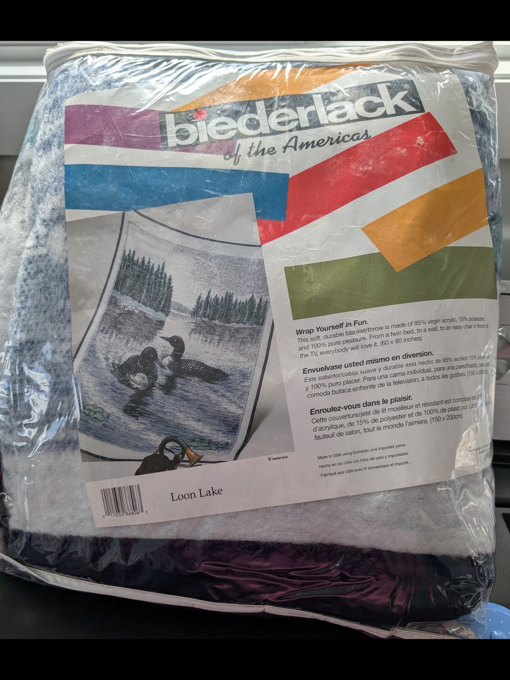 Biederlack 'Loon Lake' Blue Plush Throw Blanket NOS Vintage